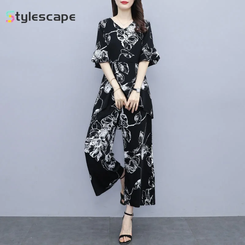 Fashionable Loose Fitting Meat Covered Chiffon Set Large-sized Women's Summer Age Reducing Wide Leg Pants Cool Two piece Set meat loaf – bat out of hell iii the monster is loose 2 cd