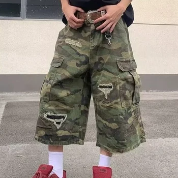 2025 Mens Camo Cargo Denim Shorts Distressed Straight Leg Casual Seven Inch Shorts Y2K Streetwear Vintage Loose Fit Summer Fashi 1