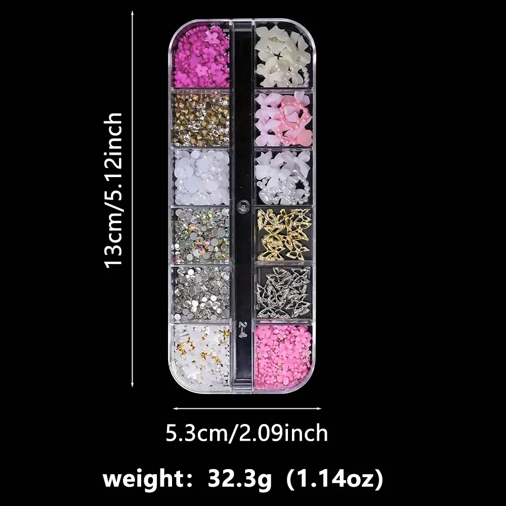 12Grid Rosa Weiße Schleife Nail Art Schmuck Perle Diamant Schmetterling Gemischte Strass Nagel Charms DIY Schleife Edelsteine Maniküre Dekoration – Detail 8