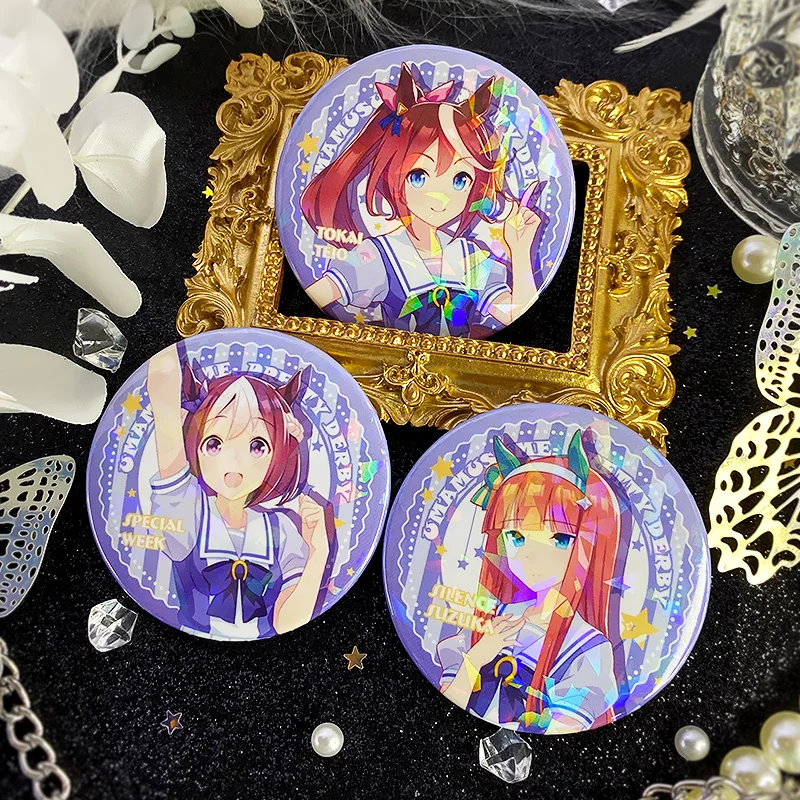 Anime Umamusume: Pretty Derby Special Week Tokai Teio Silence Suzuka Q Version Metal Laser Badge Bags Spilla Pin Cosplay Toy