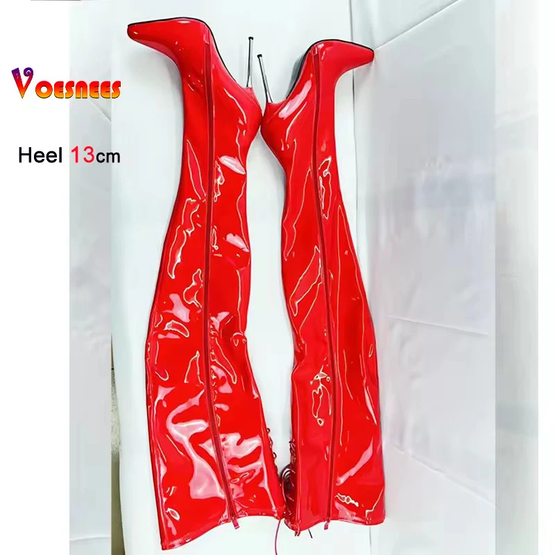 New Red Patent Leather Stiletto Thin Heels Women Over The Knee Boots Pointed Toe Sexy Super High Heel Side Zipper Modern Boots