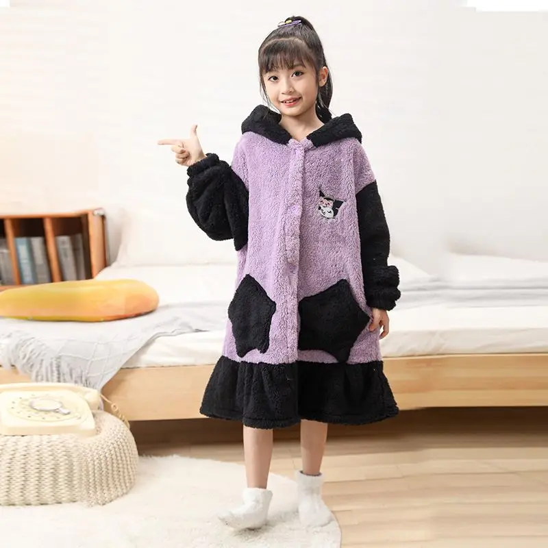 

Sanrio Kuromi Child Nightgown Two Piece Set Student Winter Coral Fleece Flannel Plus Velvet Thicken Keep Warm Pajamas Bathrobe