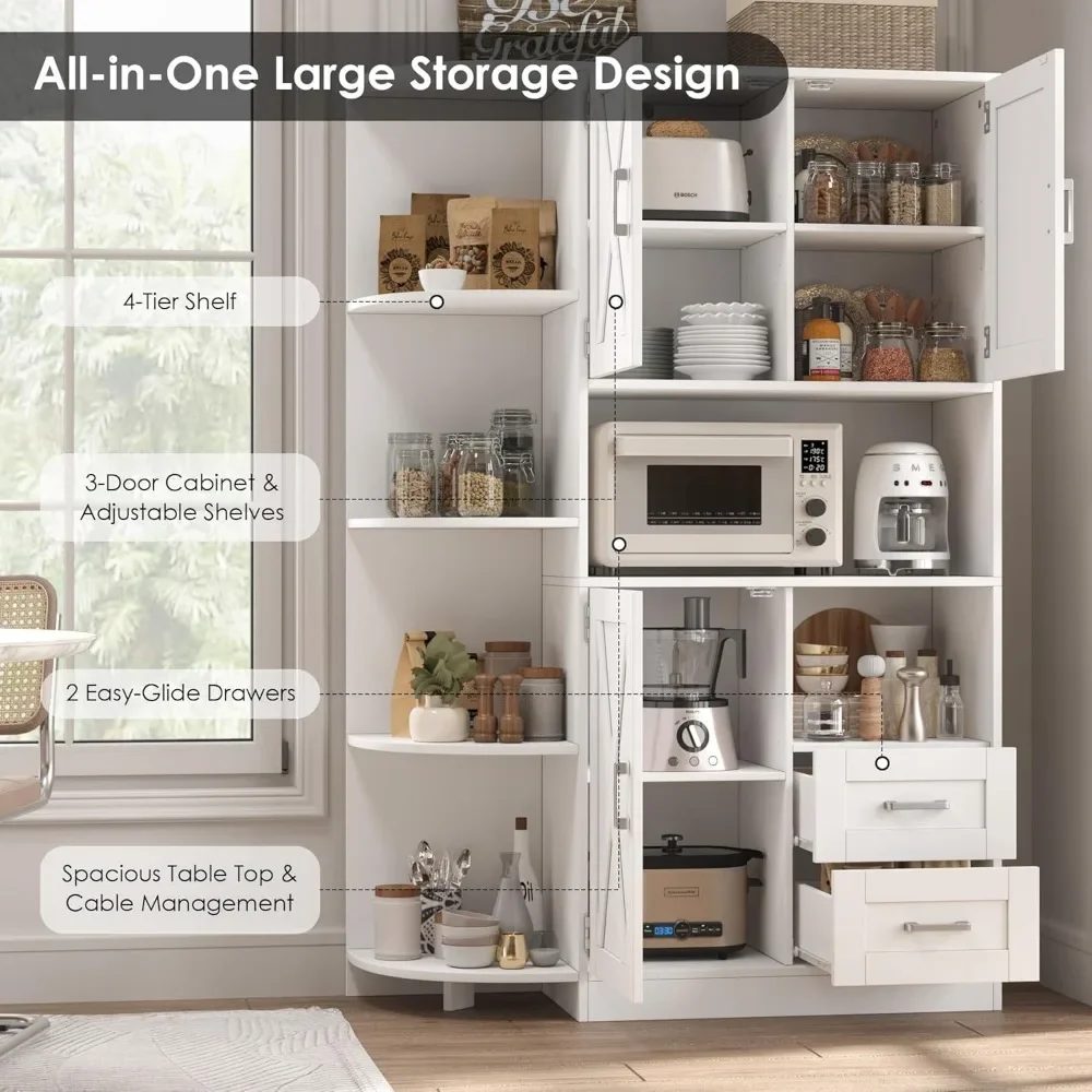 60.4" Farmhouse Kitchen Storage Cabinet, Freestanding Cabinet with Doors and Shelves, White 5