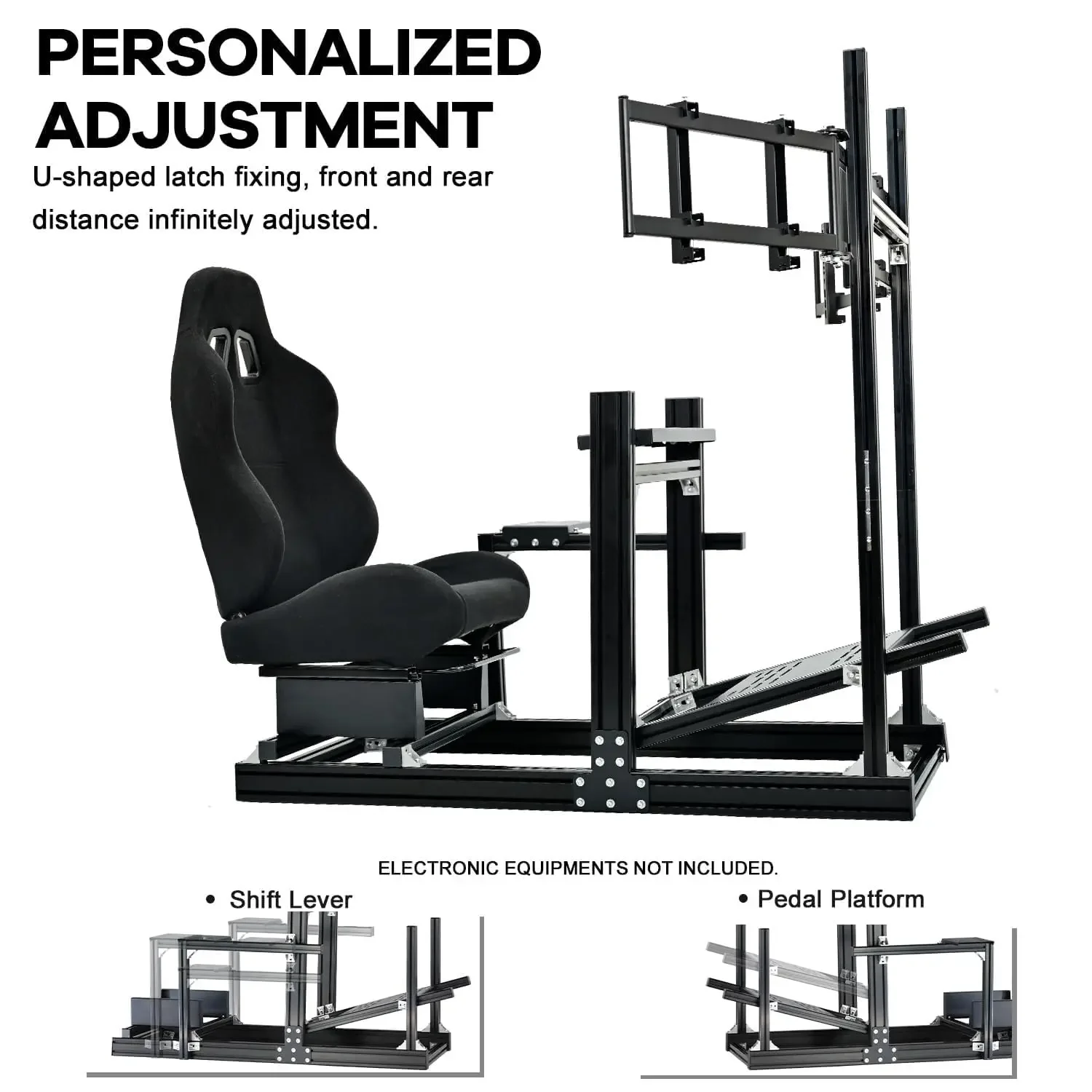 Aluminum Racing Simulator Cockpit, Triple Monitor Mount, Black Seat, Compatible Logitech/Thrustmaster/Fanatec, Multi-Adjustable 2