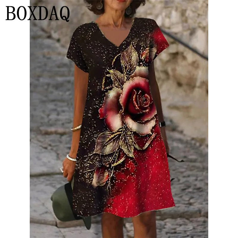 3D Red Rose Flower Dress Women Short Sleeve Floral Print Dresses Summer 2022 Casual Beach V-Neck Loose Oversized Ladies Sundress