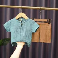 Children's Cotton Linen Summer Clothing Set: T-Shirt and Elastic Shorts - 3-4Years (Blue Yellow Set)