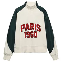 

Elmsk Sweatshirt Pullovers Tops England Style High Street Vintage Letter Patchwork Color Contrast Stand Collar Hoodies Women
