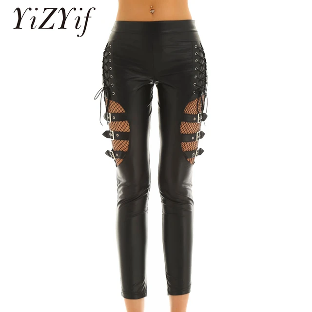 Faux Leather Trousers for Women Sexy Wet Look Leggings Drawstring Punk Rock  Outfits Night Out Party Clubwear Pants