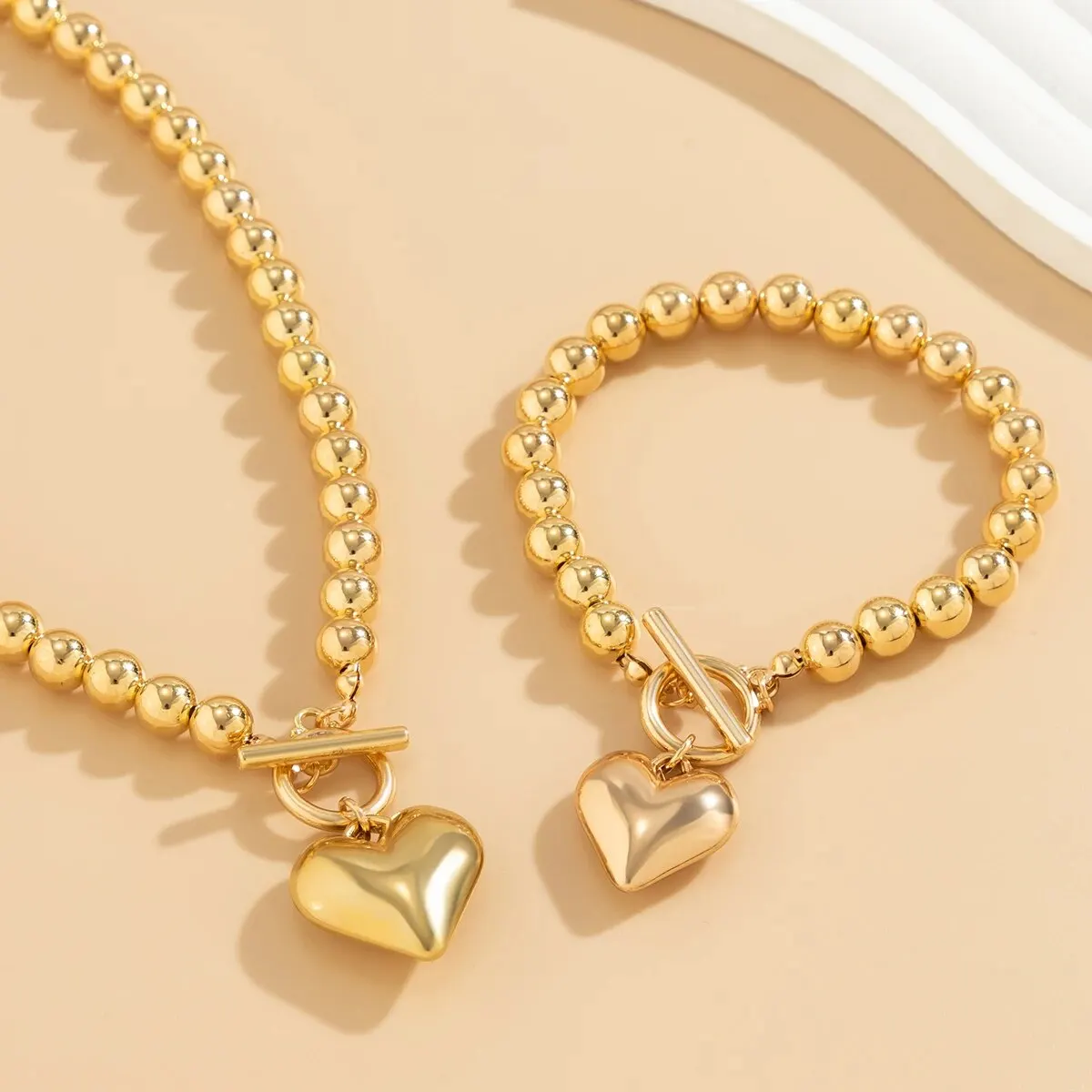Jewelry Sets 2Pcs Luxury Gold Color Beads Heart Pendant Necklace Bracelet Women Punk Vintage OT Buckle Choker Wedding Party Jewelry Set