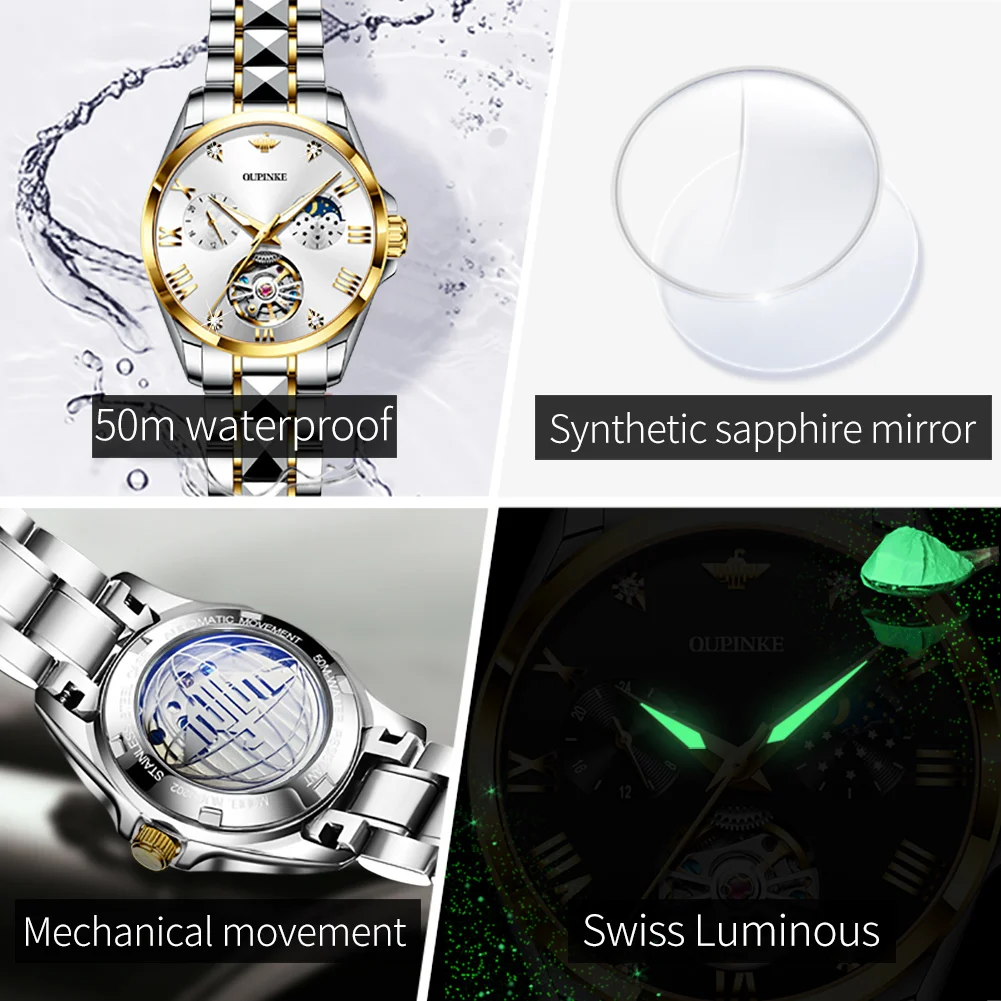 OUPINKE 3202 Brand Skeleton Women's Mechanical Watch Tungsten steel sapphire 50m Waterproof Luxurious Elegant Lady Wristwatch 5