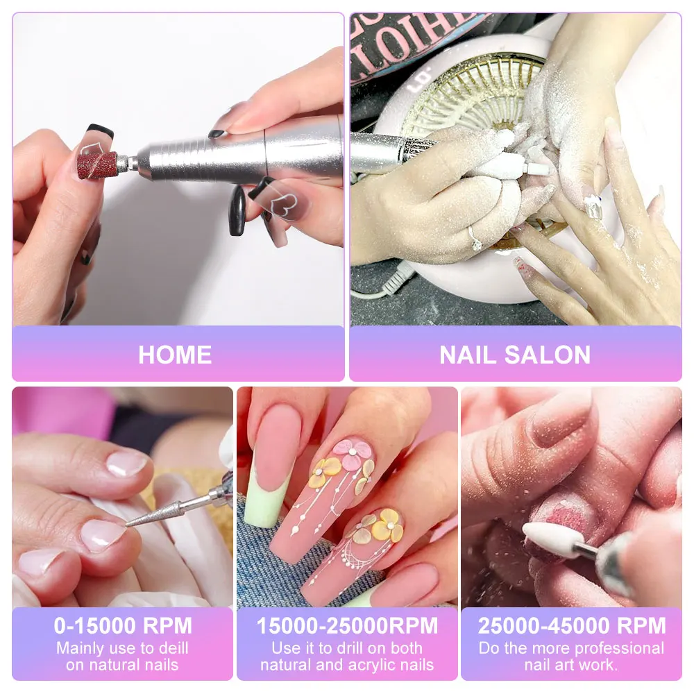 Rechargeable Nail Drill Machine with LCD Display Low Noise, Professional Nail Polish Grinder Nail Accessories Set 6