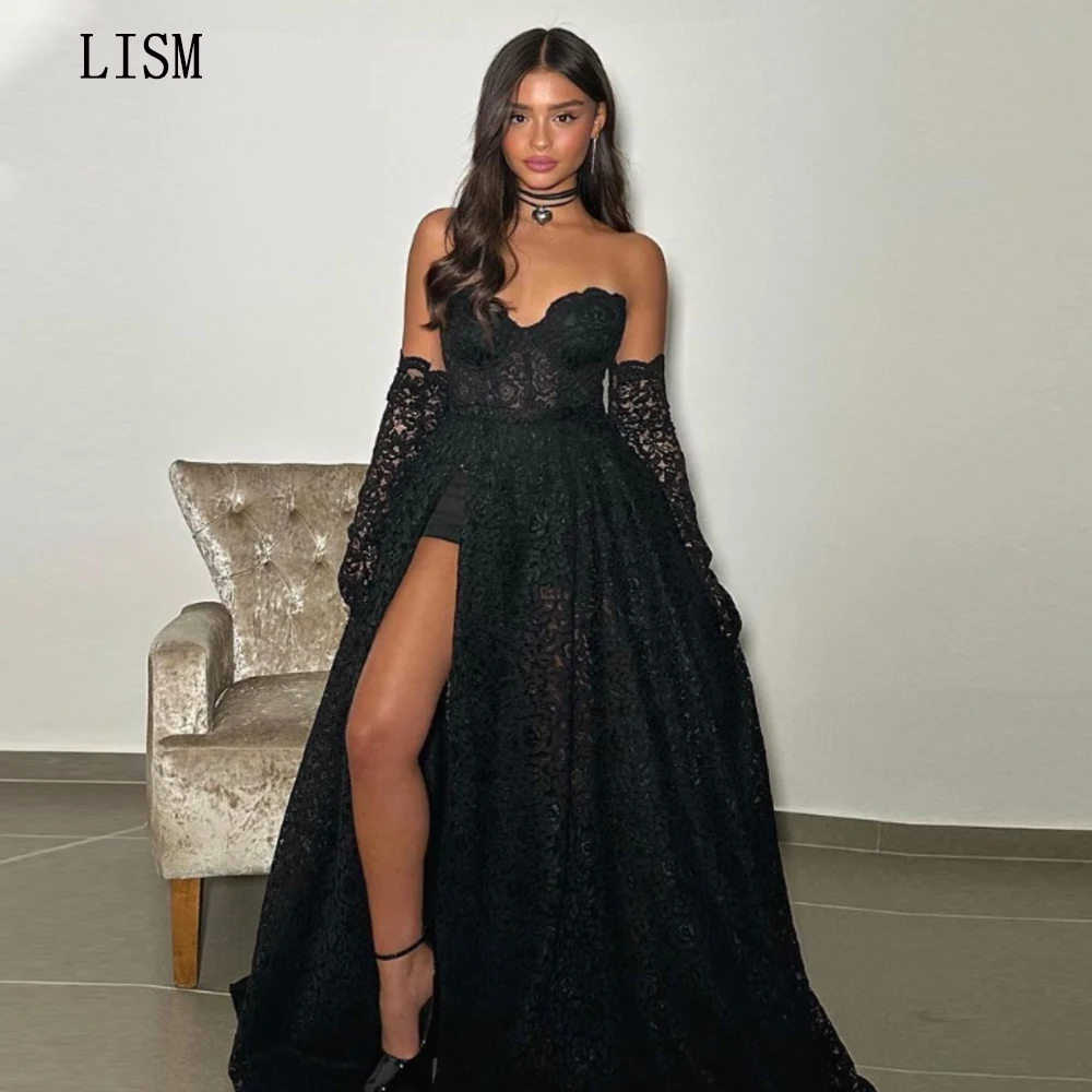 

LISM New Arrival Sexy Sweetheart Beach Wedding Dresses with Lace High Side Slit Strapless Black Luxury Bridal Evening Party Gown