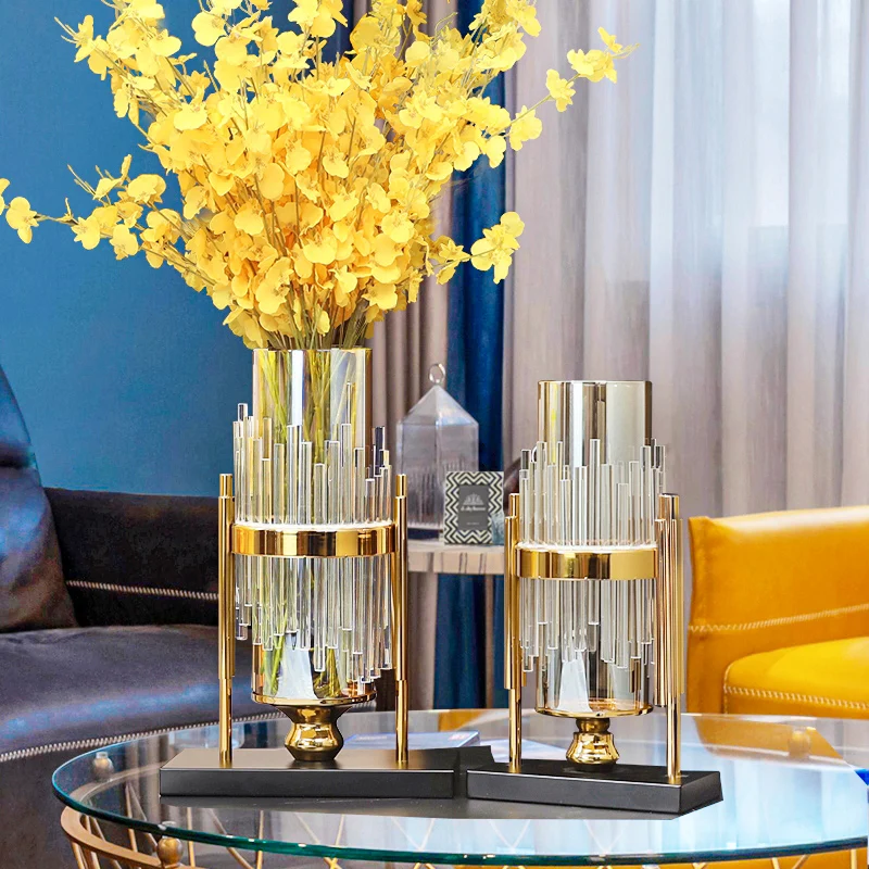 

Metal Transparent Glass Vases Modern Design Luxury Crystal Plant Pot Dried Flowers Living Room Jarrones Table Decoration