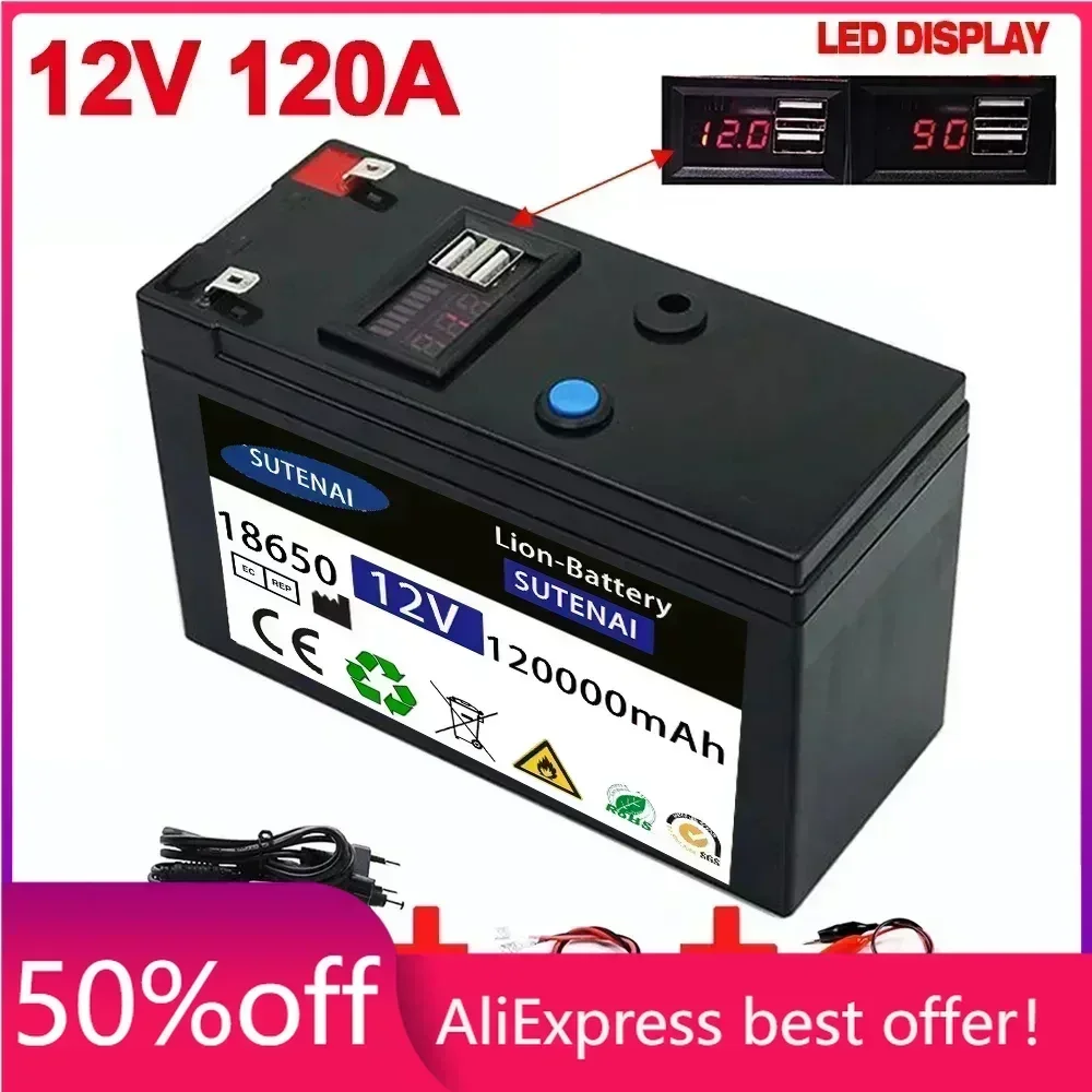 

12V Battery 120Ah 18650 lithium battery pack Rechargeable battery for solar energy electric vehicle battery+12.6v3A charger