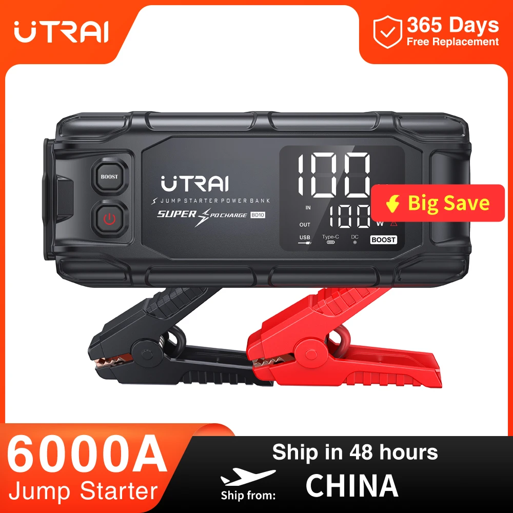 UTRAI 26800mAh 6000A מתנע רכב נייד עוצמתי, סוללת גיבוי ניידת עם טעינה מהירה PD45W, מסך LED בגודל 6.0 אינץ', מכשיר התנעה לחירום