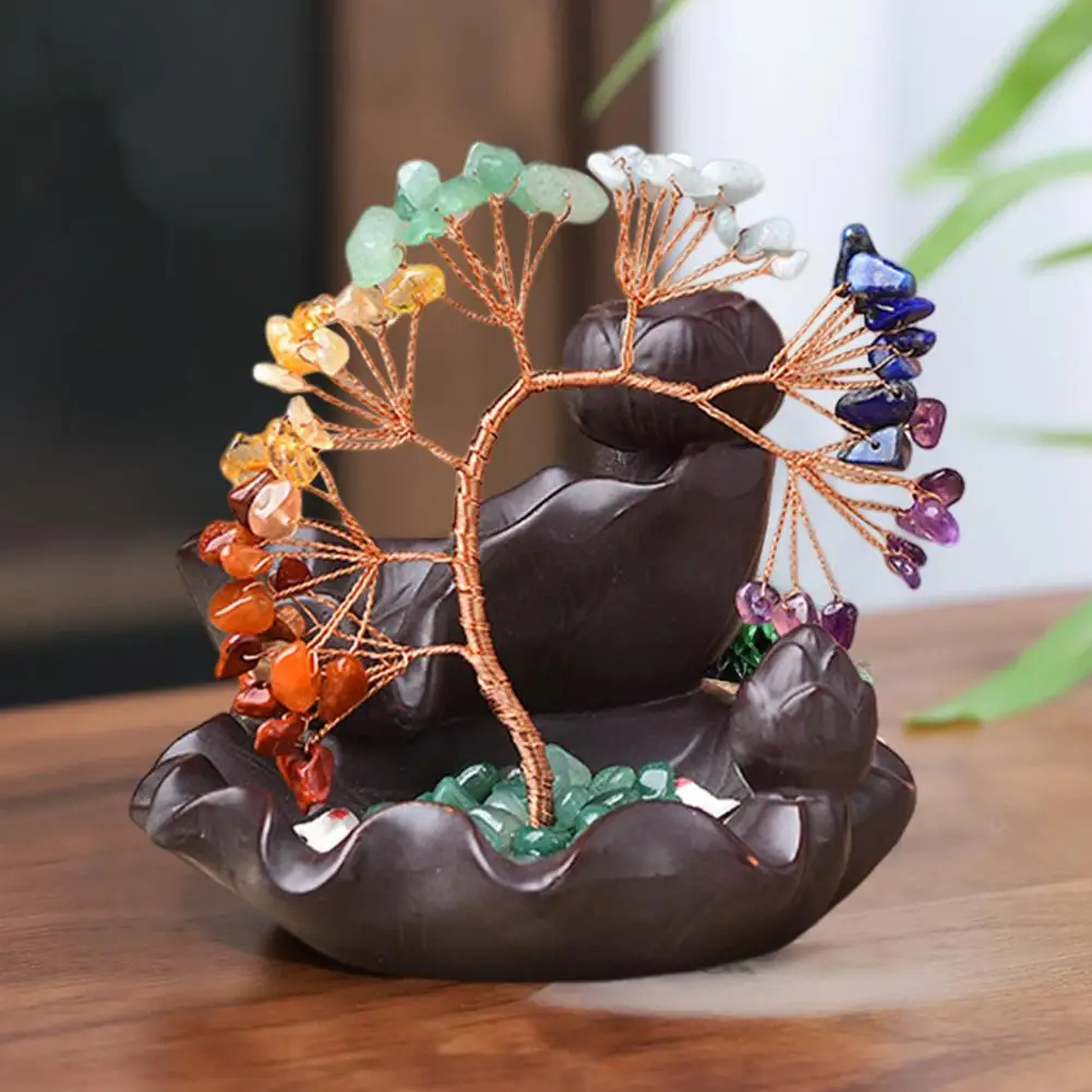 Meditation Incense Burner Handcrafted Resin Waterfall Incense Holder with Faux Stone Lucky Tree Ornament for Home Zen Decoration 4