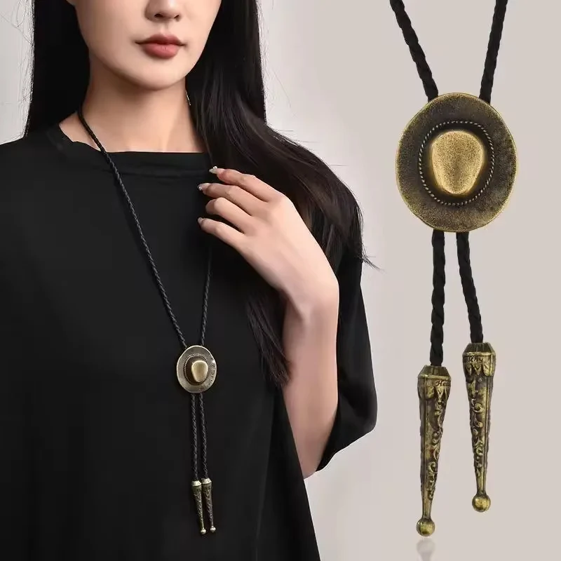 Bolo Tie Hand-knitted Leather Rope Long Sweater Chain Retro Cowboy Hat Necklace Bow Tie