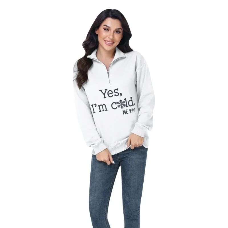 Women Yes Cold 24:7 Flower Printed Sweatshirt Casual 1/4 Half Graphic Letters Loose Long Sleeve Pullover Top 57BD