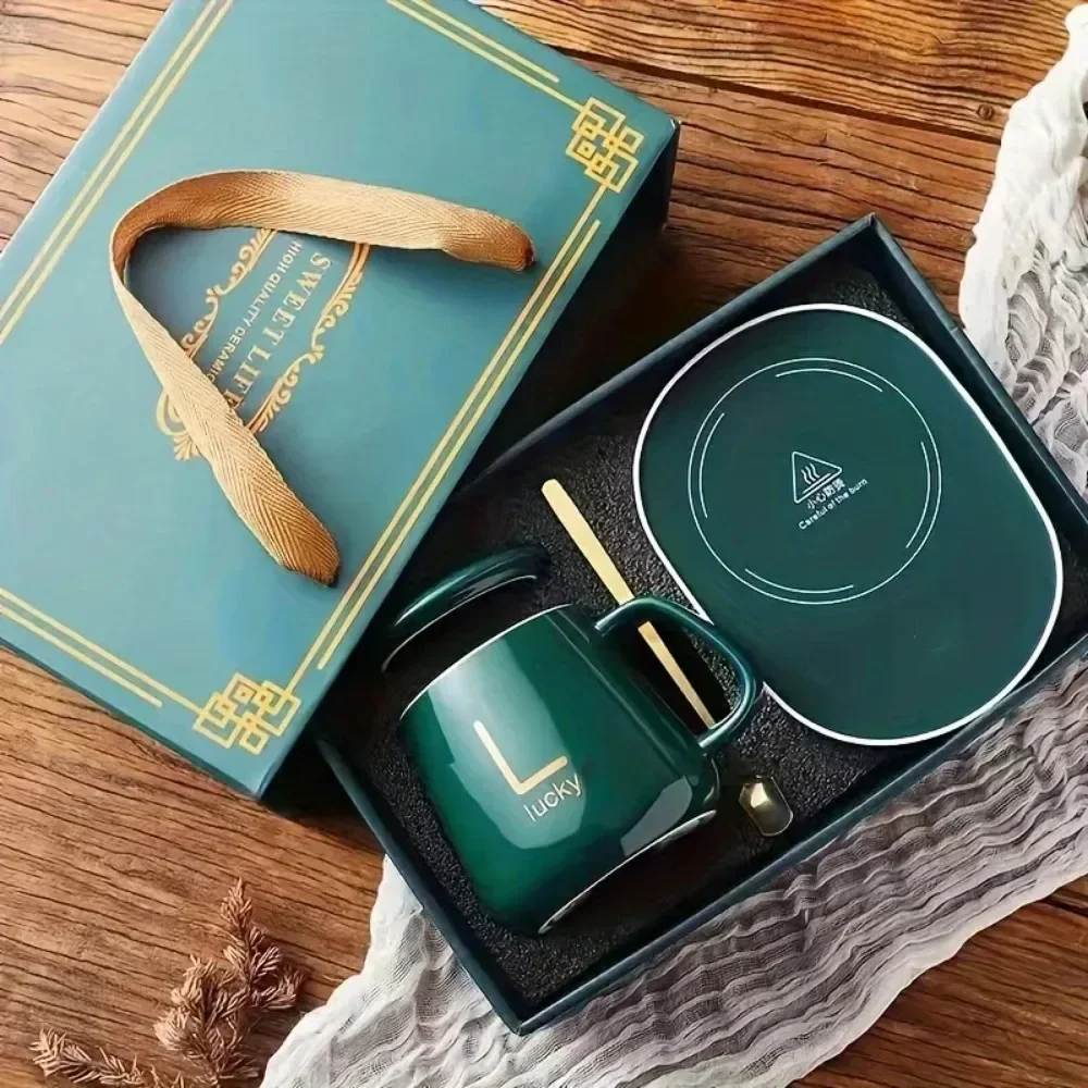 Ceramic Cup Gift Box Ceramic Cup with Spoon and Storage Bag Set Folding Spoon for Portable Meals 55 degrees Thermostat Cup