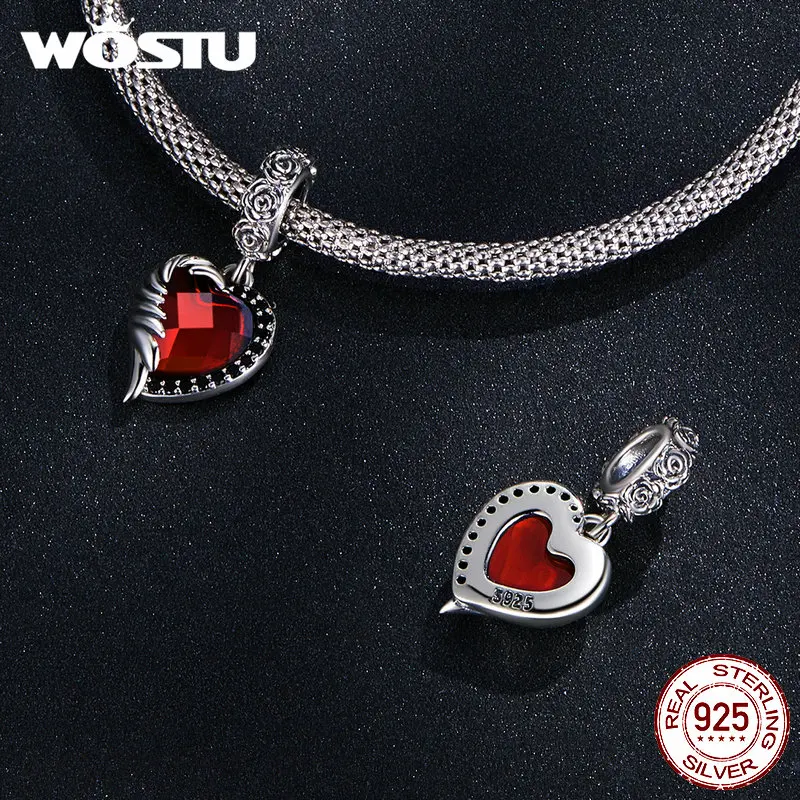 WOSTU 925 Sterling Silver Halloween Collection Red Rose Flower Skull Charms Black CZ Witch Bat Bead fit DIY Bracelet Bangle Punk 3