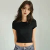4 pieces Solid color basic short sleeved tight fitting T-shirt for women's casual summer minimalist women's style top O-neck 6