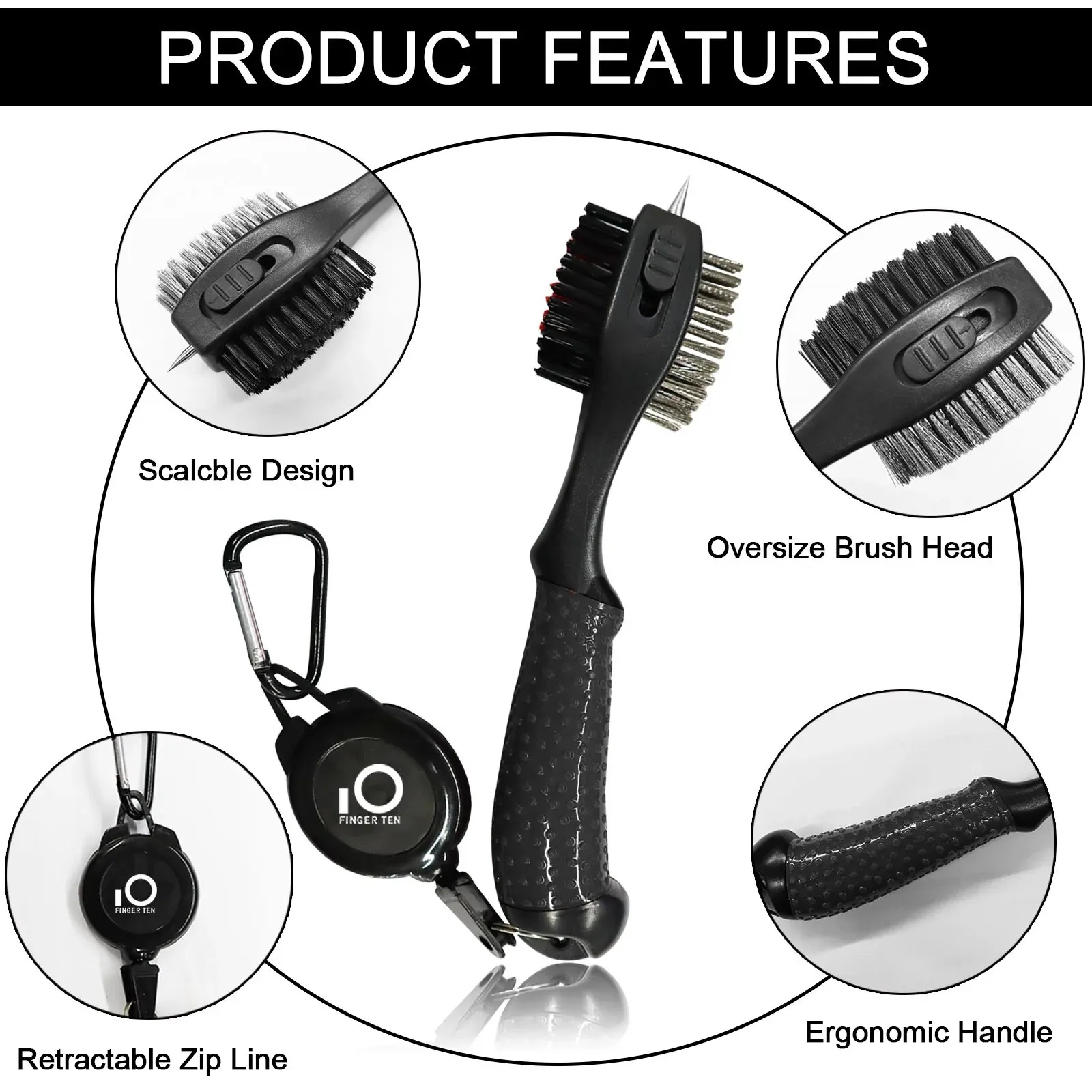 Golf Club Cleaner Kit Oversized Head with Retractable Zip-Line Clip Double Sided with Spike for Cleaning Groove Shoes