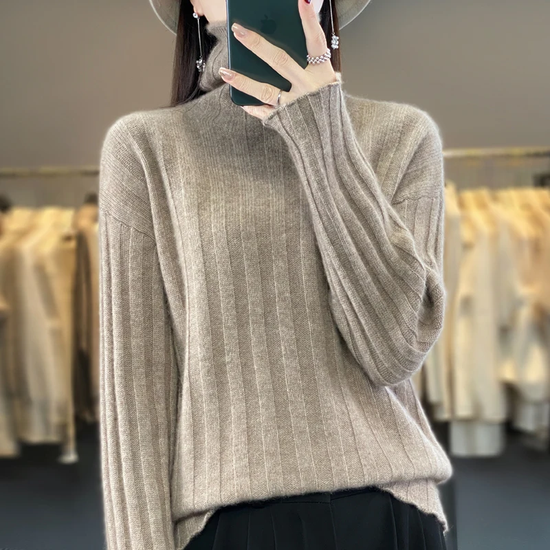 

100% Cashmere sweater turtleneck women sunken stripe pullover knitted sweater autumn and winter New loose and idle wool base shi