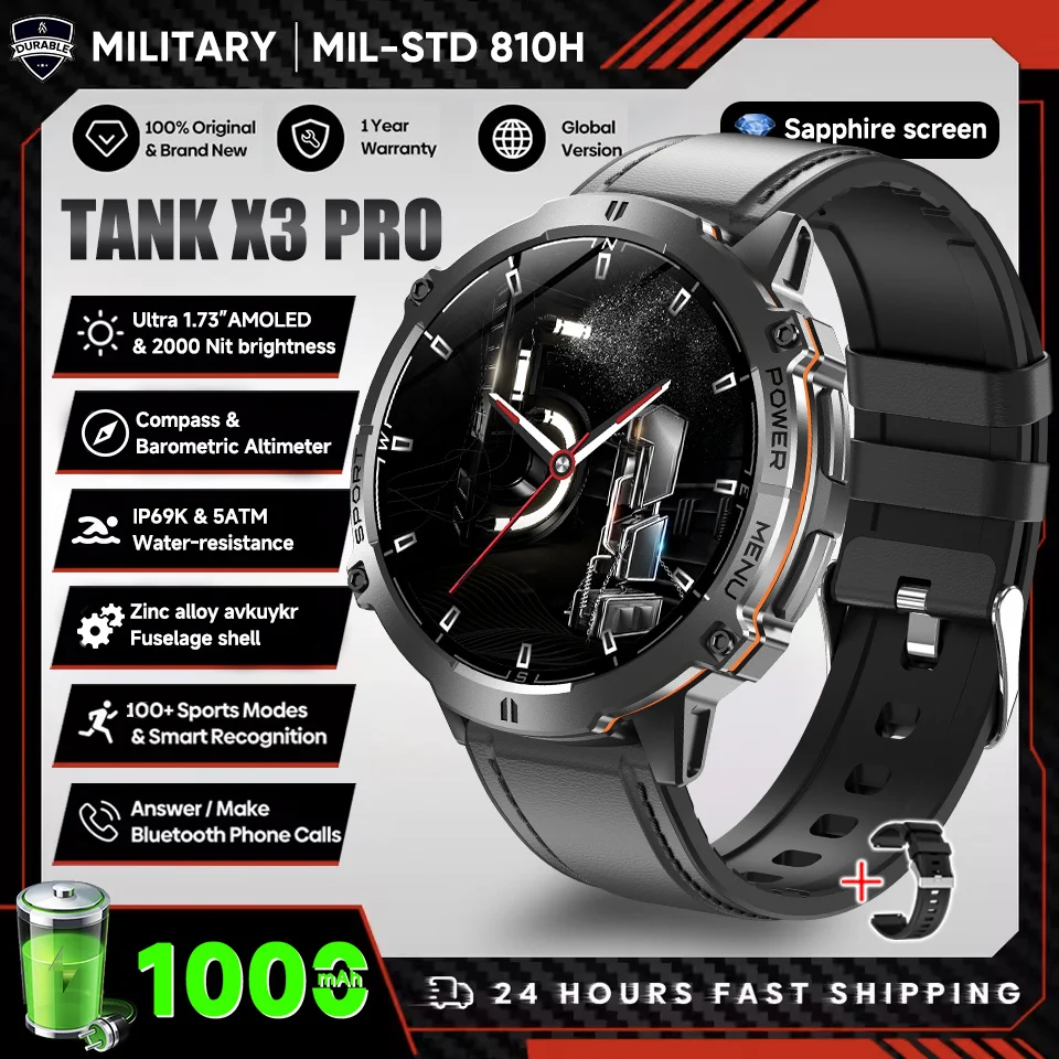 2026 New Military TANK X3 1000mAh Battery Smart Watch Men 10ATM Waterproof Swim