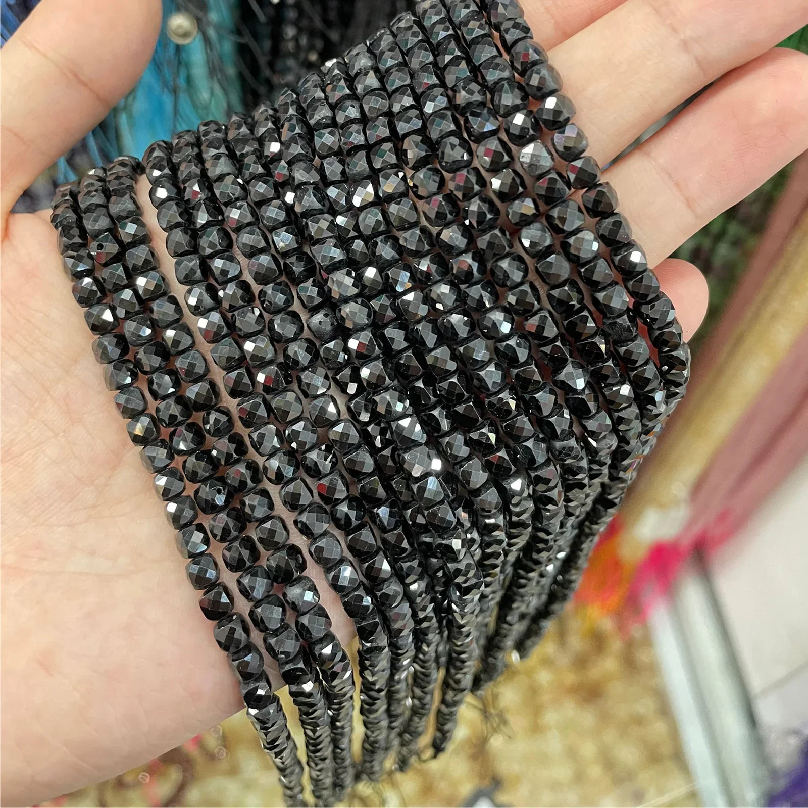Natural Stone Beads AAA Faceted Black Tourmaline Cube Gemstone Spacer Beads For Jewelry Making DIY Bracelet Necklace 4-5MM