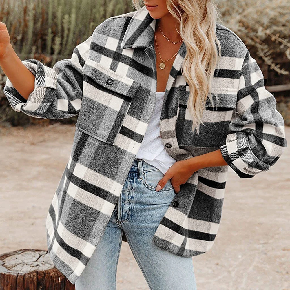 

Women Autumn Winter Check Fleece Long Sleeve Lapel Button-Down Jacket Shacket Baggy Tartan Tops Shirts Coat Oversize Jackets