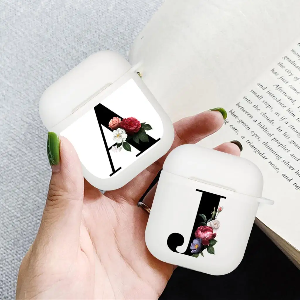 Custodia Per Auricolari Con Lettera A Z Iniziale Per Scatola Di Ricarica Apple Per Airpods 1 2 3 Pro Custodia Bluetooth Wireless Bianca Con Fiore Nero