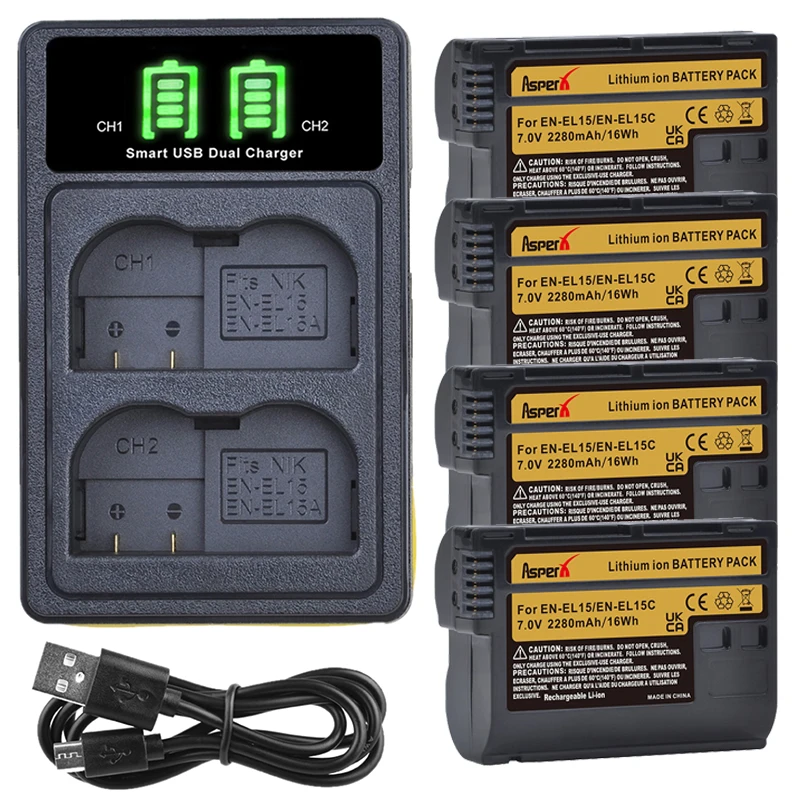 2280Mah En-El15C En-El15 Batteria + Led Usb Dual Charger Per Nikon Z5,Z6,Z6 Ii,Z7,Z7Ii D600 D610 D600E D800 D810 D800E D810