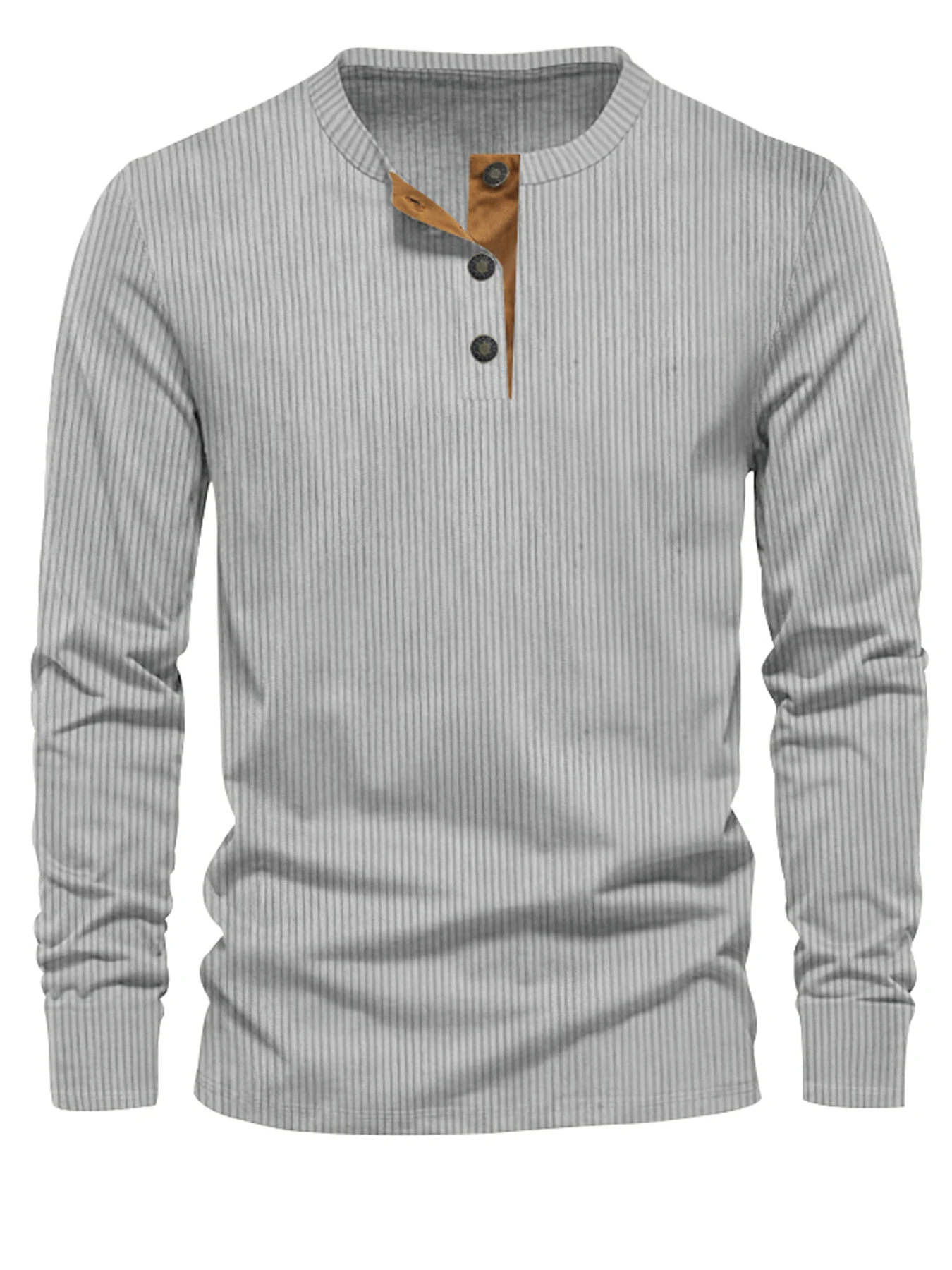Frühling und Herbst Neues Cross-Border Herren-Cord-Freizeithemd mit Henley-Ausschnitt, schmal geschnitten, einfarbig, Langarm-T-Shirt – Detail 19