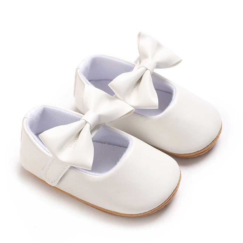 Solid Color 0-18M Baby Girl Mary Jane Flat Shoes With Butterfly Bow Rubber Anti Slip Children's First Walking Shoes Princess For