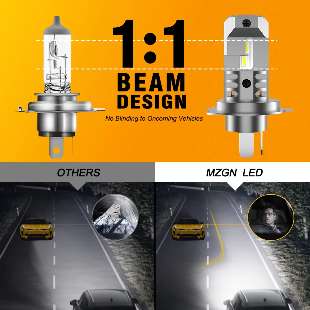 H4 9003 Headlight Bulb Halogen Size Car Led Lamp CSP Led Chips Headlamp 12000lm 6500K White 12V MZGN 2Pcs