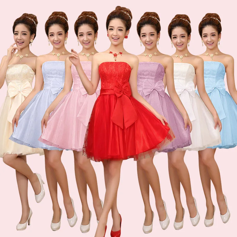 J728 White Grey Red Pink Blue Short Bridesmaid Dress Lace Mesh Net Tulle Prom Gown Graduation Dresses With Bow Elastic Back