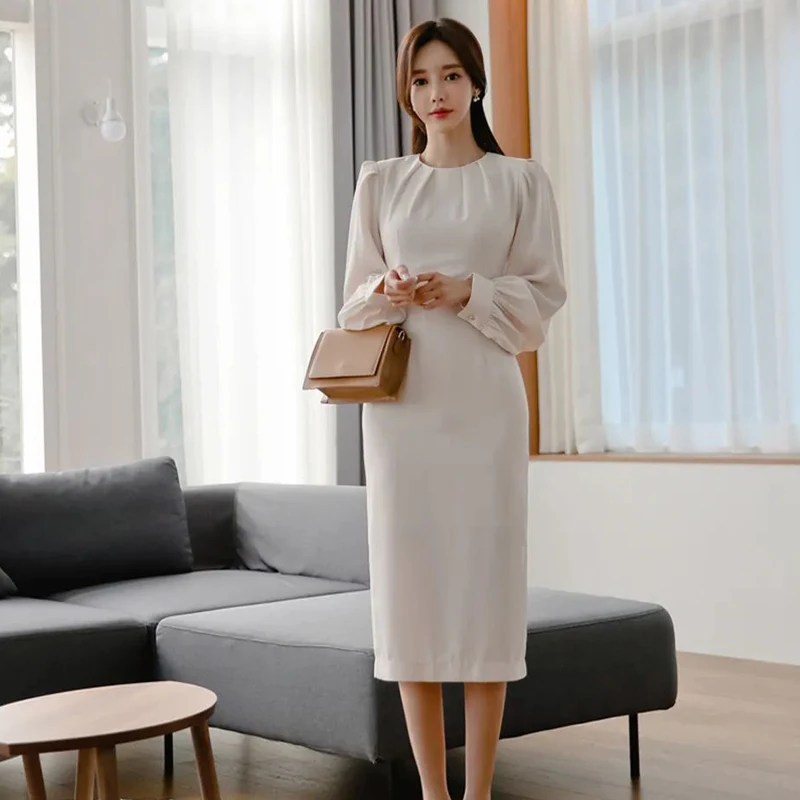 

Elegant Office Dress Solid Round Neck Long Sleeve Simple Pencil Dress Spring 2024 Slim Bodycon Temperament Professional Dress