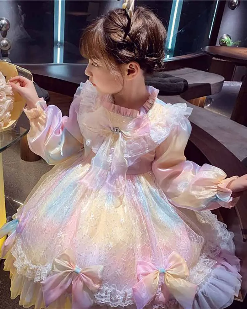 Birthday Party Lolita Sweet Dress Girls Kids Summer Mesh Long Sleeve Dress Cute Princess Doll Teen For Girls 2-10Y