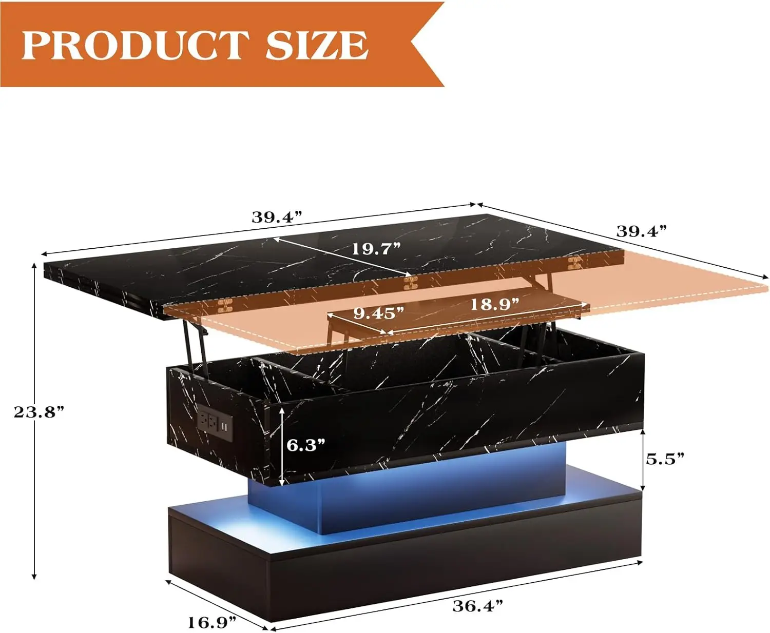 Modern High Glossy Center Table with LED Light, 3 in 1 Multifunctional Coffee Table with Storage & Hidden Compartments