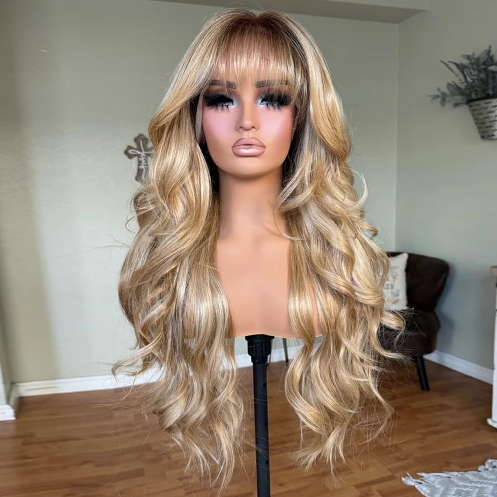 Ombre Golden Blonde Women Bangs Wig Rooted Premium Futura Fibre Synthetic Wig Heat Resistant Long Wavy Fringe Hair Natural Look