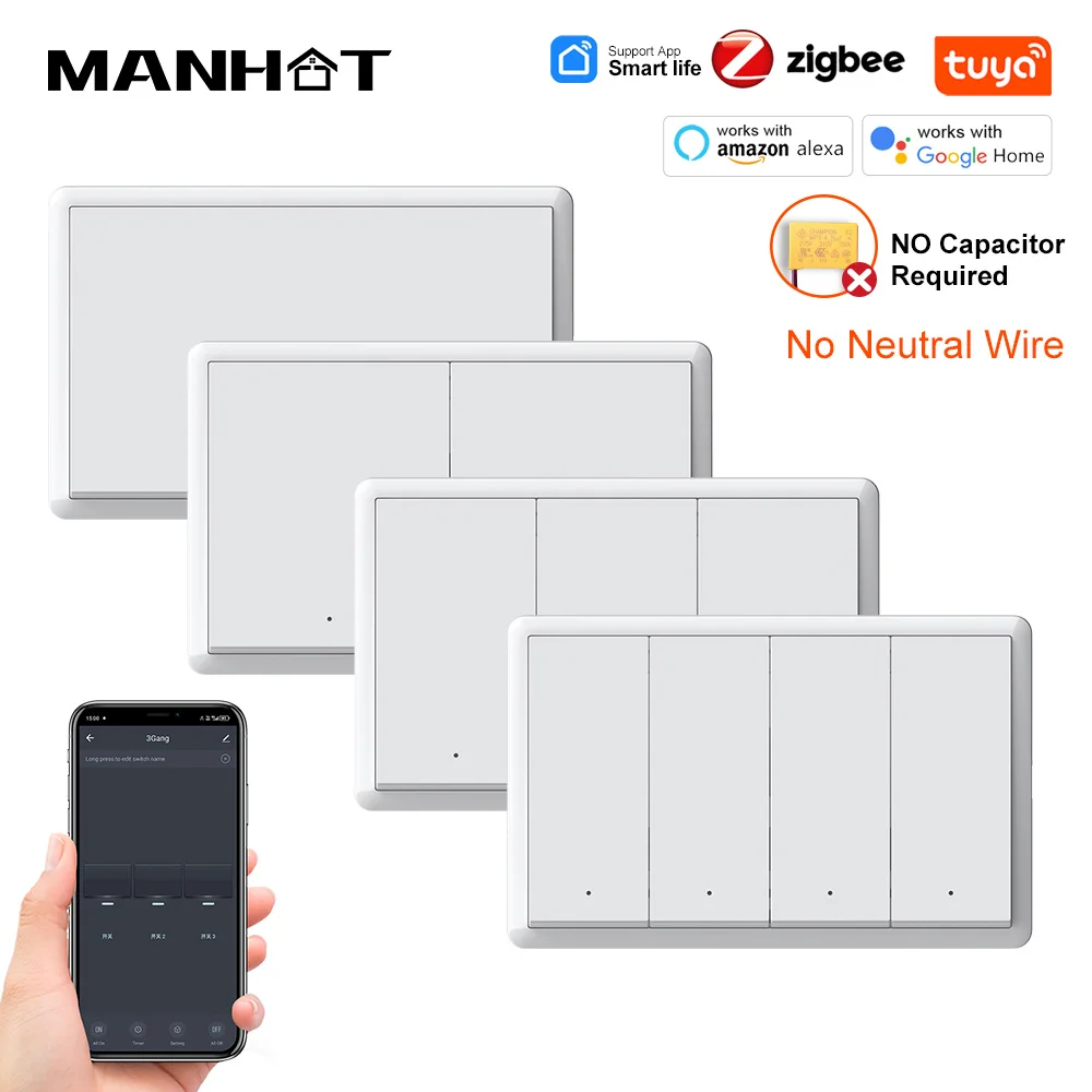 스마트 라이프 Zigbee 전등 스위치 중립선 없음 및 중립선 US 1-4 갱 푸시 버튼 Alexa Google 홈용 물리적 벽 스..