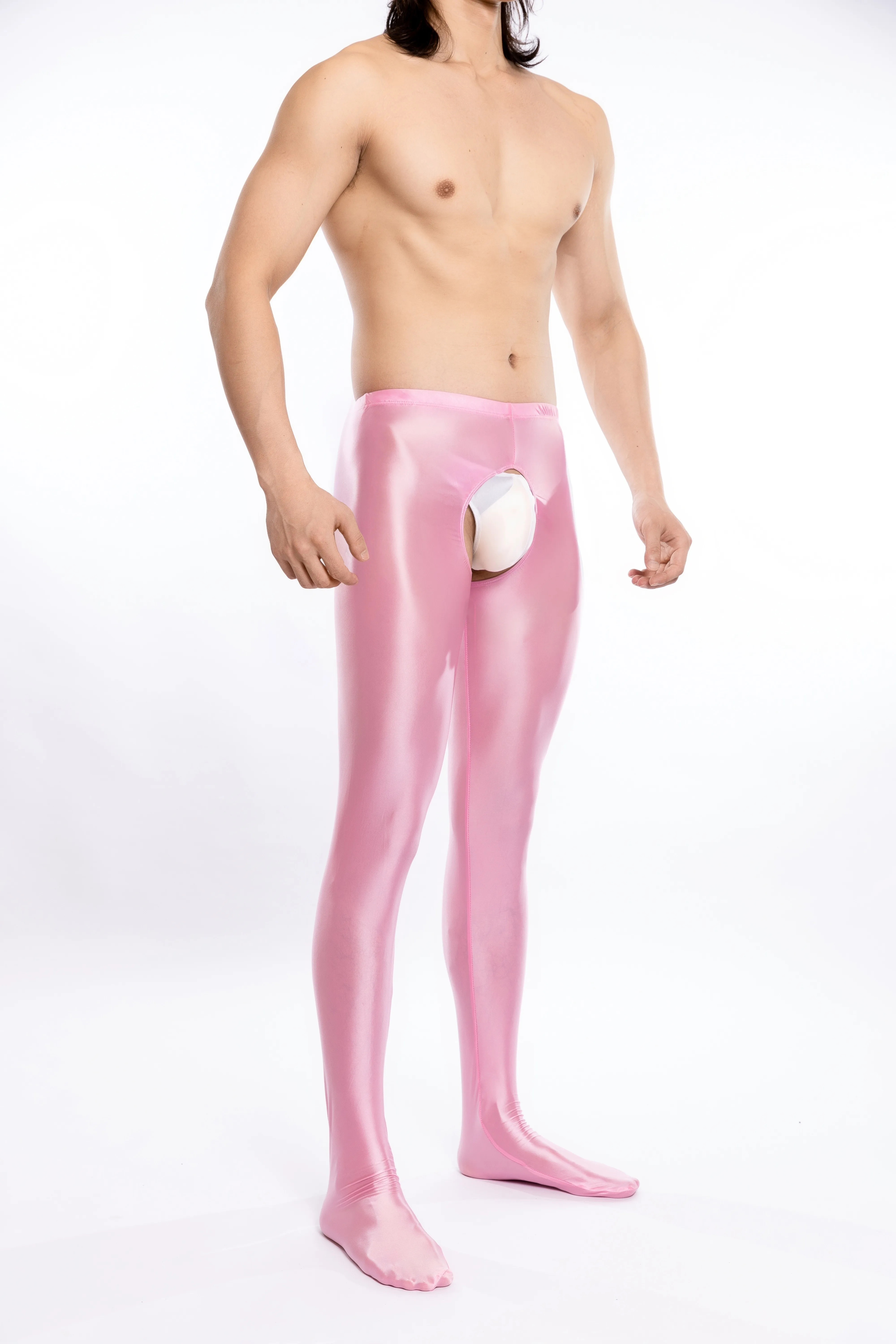 Men's open crotch leggings high waisted covered cut shiny bodysuits underwear nightclub dance costumes
