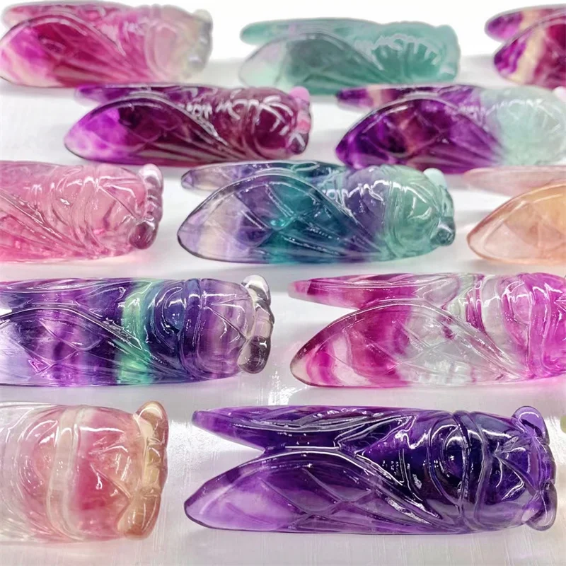 

Natural Rainbow Fluorite Cicada Carving Reiki Healing Crystal Ornaments Animal Figurine Crafts Home Decor Gift 1pcs 10CM