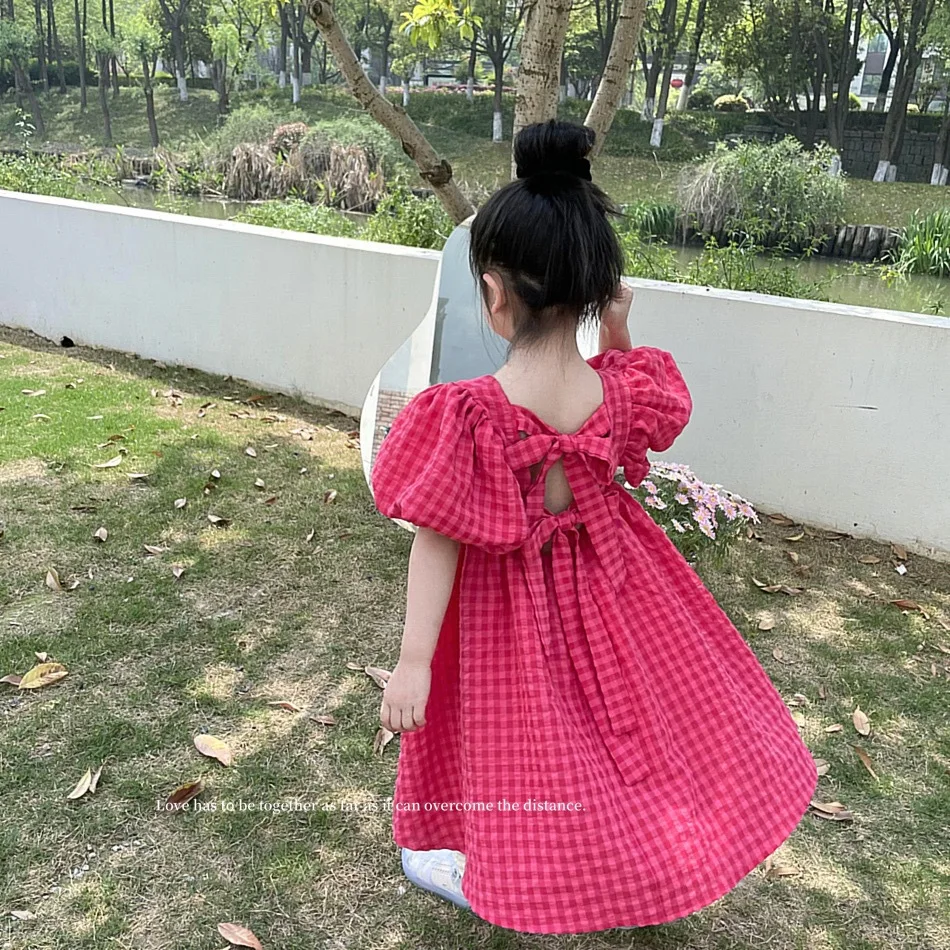 

Children Clothes Girls Bubble Sleeve Dress Little Girl Summer Foreign Style Bow Backless Children's Princess Skirt