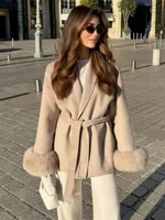 Fur Patchwork Woolen Coat Women Elegant Full Sleeve V-neck Lace Up Loose Longwarm Overcoat Fashion Winter Commute Outwear 2