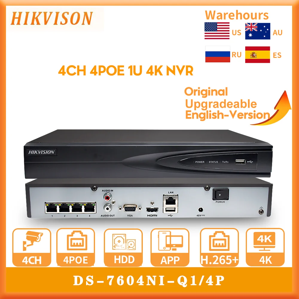 Originale Hikvision Ds-7604Ni-Q1/4P 4 Canali 1U 4Poe 4K Nvr H.265 + Registratore Video Di Rete Plug And Play
