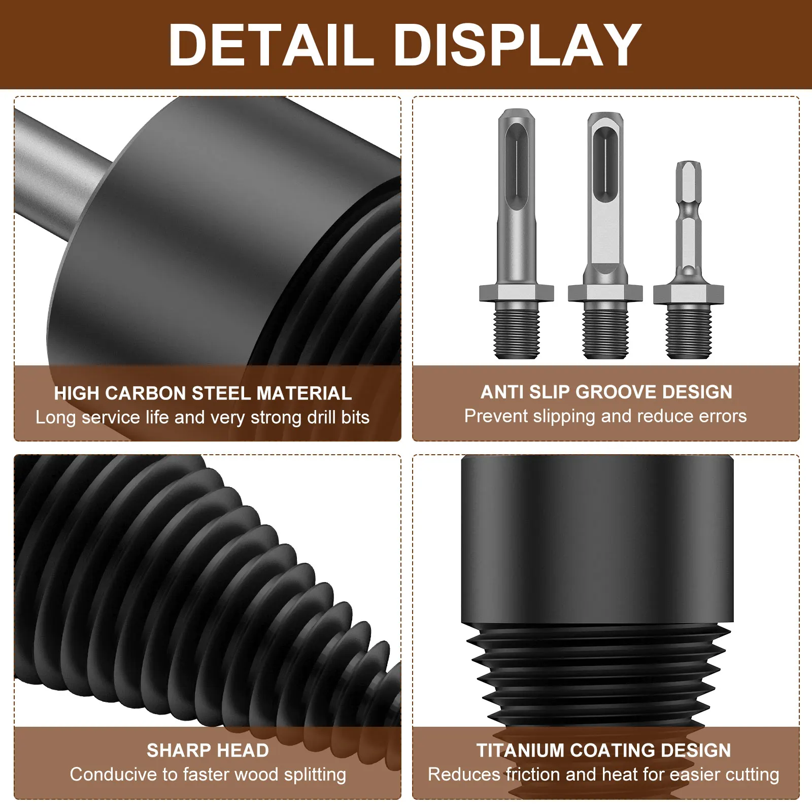 Firewood Log Splitter Round Hex Square Shank Woodworking Tools High-Carbon Steel Wood Splitting Screw Cone for Electric Drill