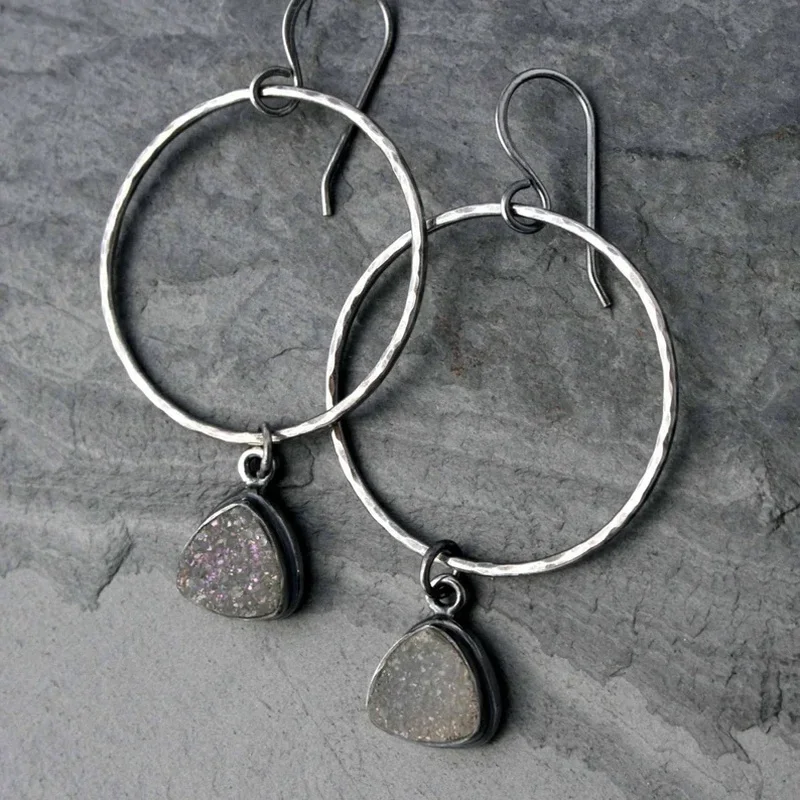 

Ethnic Irregular Triangle Studded Opal Hook Earrings Vintage Silver Color Metal Oversized Round Dangle Earrings for Women