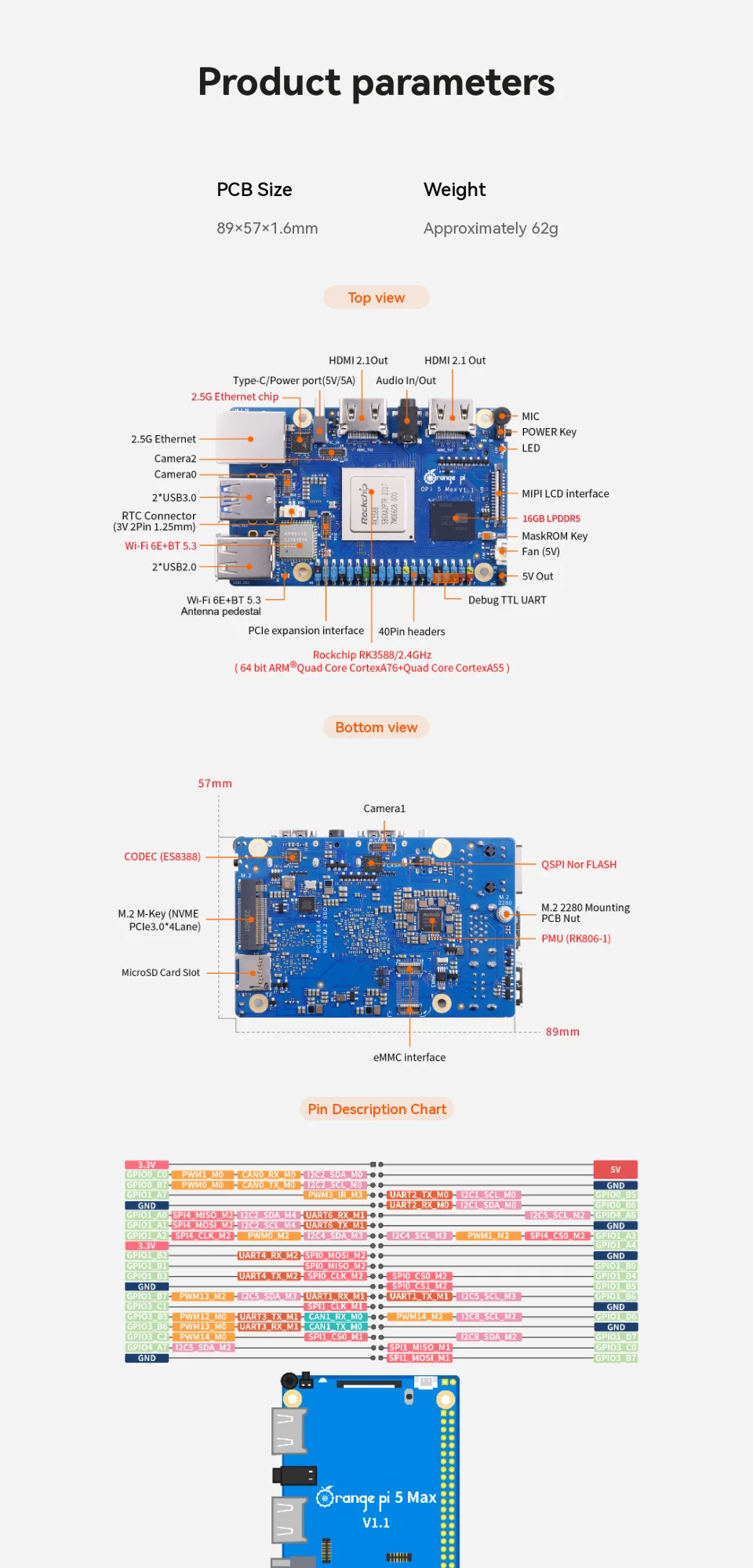 Orange Pi 5 Max 16GB RAM LPDDR5 Rockchip RK3588 Development Board