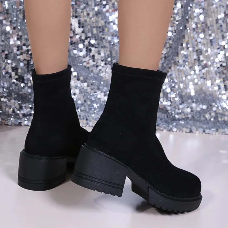 Women's Suede Platform Ankle Boots Round Toe Block Heel Casual_voghion.com